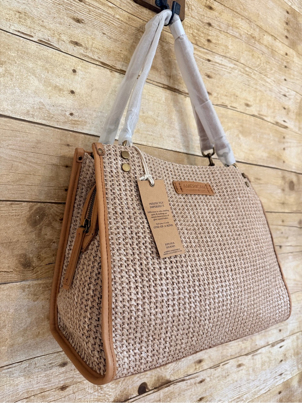 American Leather Co Triple Entry Raffia Satchel - Vachetta NWT - Picture 5 of 8